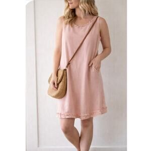 100% Linen Coastal lagenlook Sleeveless Tunic Shift Minimalist Pink Dress Small